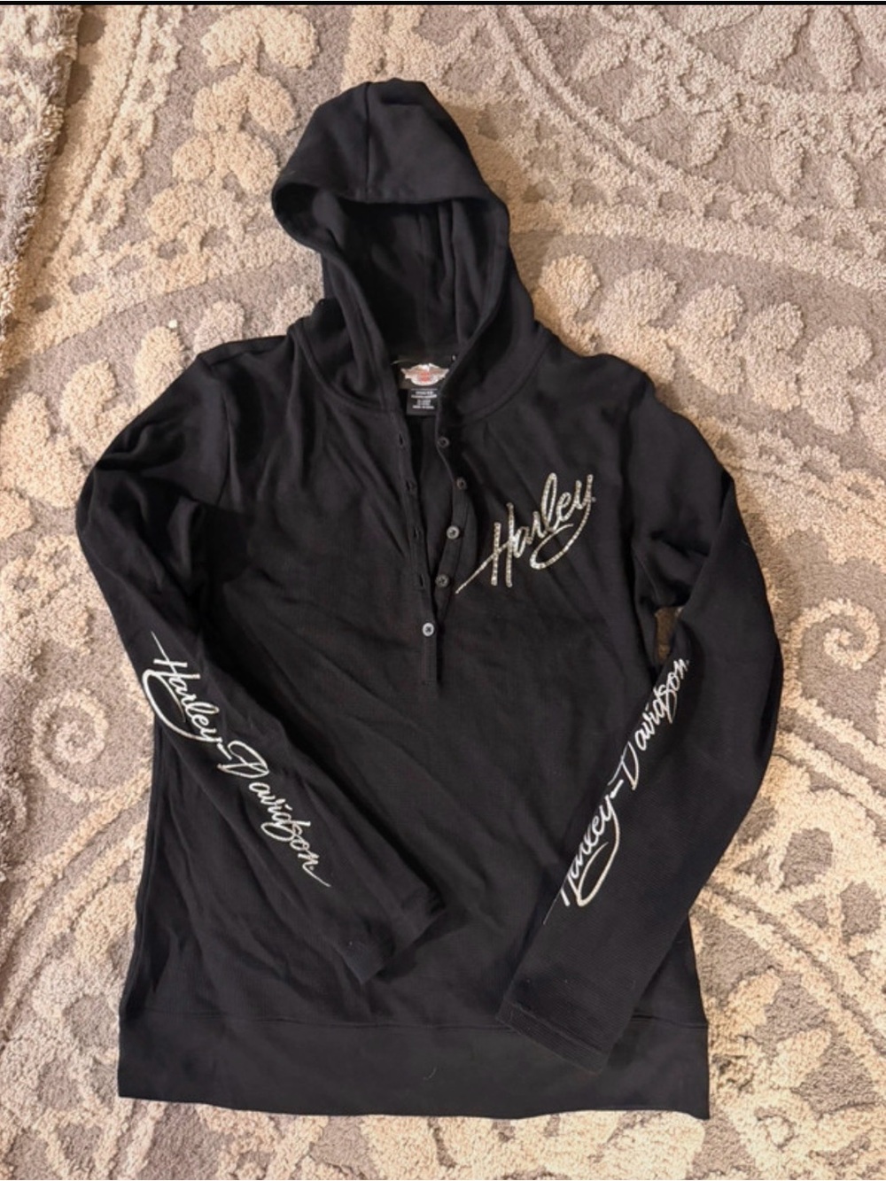 Harley-Davidson Black Women's Hooded Henley with Script Logos